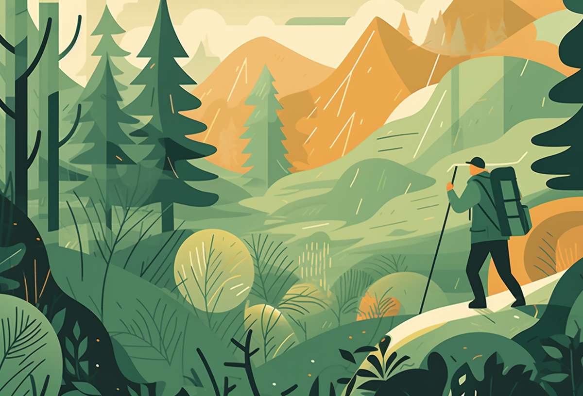 ai-generated illustratrion of a person hiking in the wilderness with forest and mountains