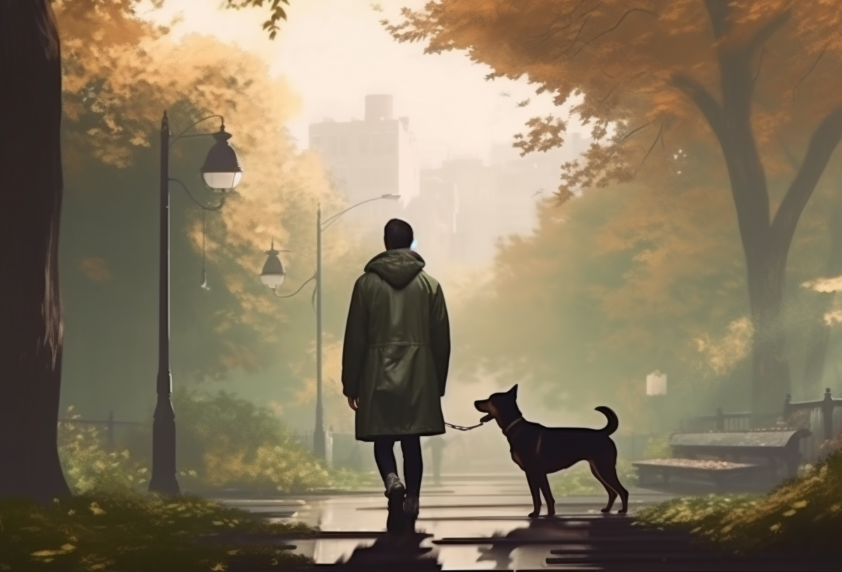 AI-generated illustration of a man walking a dog in a city park by John Wayne Hill