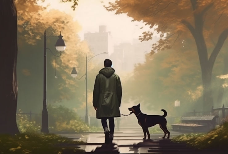 AI-generated illustration of a man walking a dog in a city park by John Wayne Hill